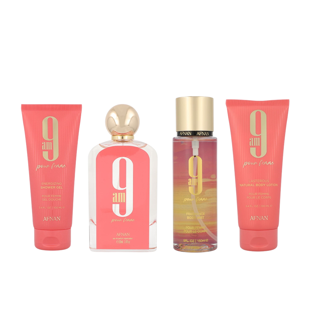 AFNAN SET 9AM WOMEN 4PCS 3.4 OZ EDP SP / SHOWER GEL / BODY MIST /BODY LOTION