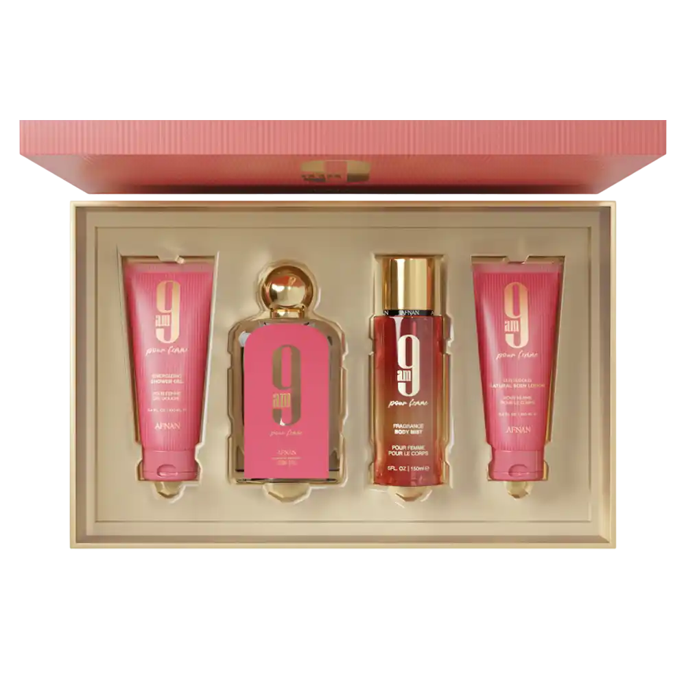 AFNAN SET 9AM WOMEN 4PCS 3.4 OZ EDP SP / SHOWER GEL / BODY MIST /BODY LOTION