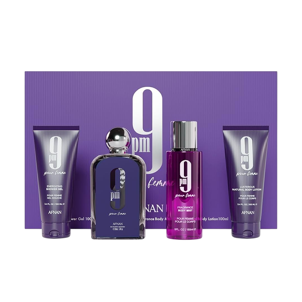 AFNAN SET 9PM WOMEN 4PCS 3.4 OZ EDP SP / SHOWER GEL / BODY MIST /BODY LOTION