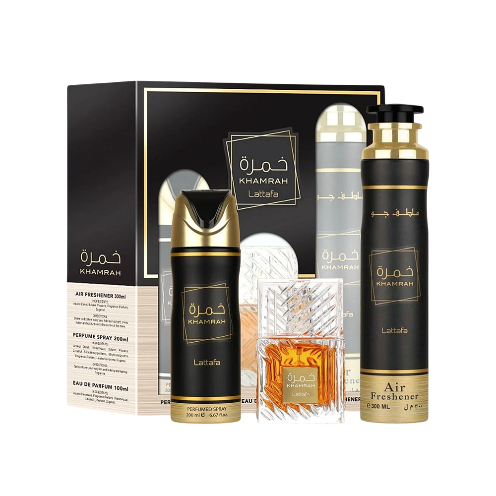 LATTAFA SET KHAMRAH 3 PCS UNISEX 3.4 OZ EDP SP + 6.7 DEO + 10.10 AIR FRESHENER