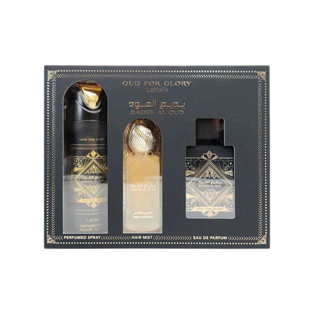 LATTAFA SET BADEE AL OUD FOR GLORY 3PCS 3.4 OZ EDP SP / 6.7 OZ DEO / 1.7 OZ HAIRMIST