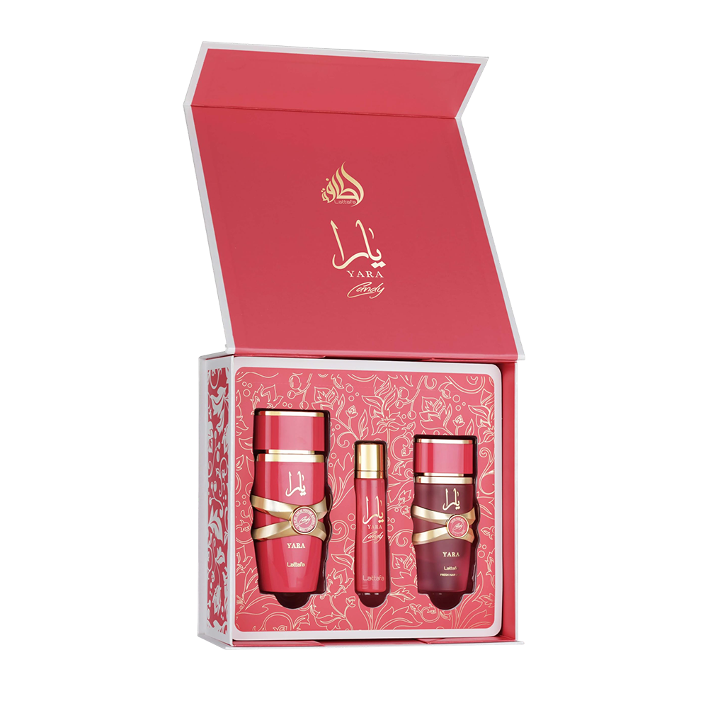 LATTAFA YARA CANDY 3 PCS GIFTSET WITH 3.4 OZ EDP + 0.4 OZ TRAVEL SP + 1.7 OZ HM