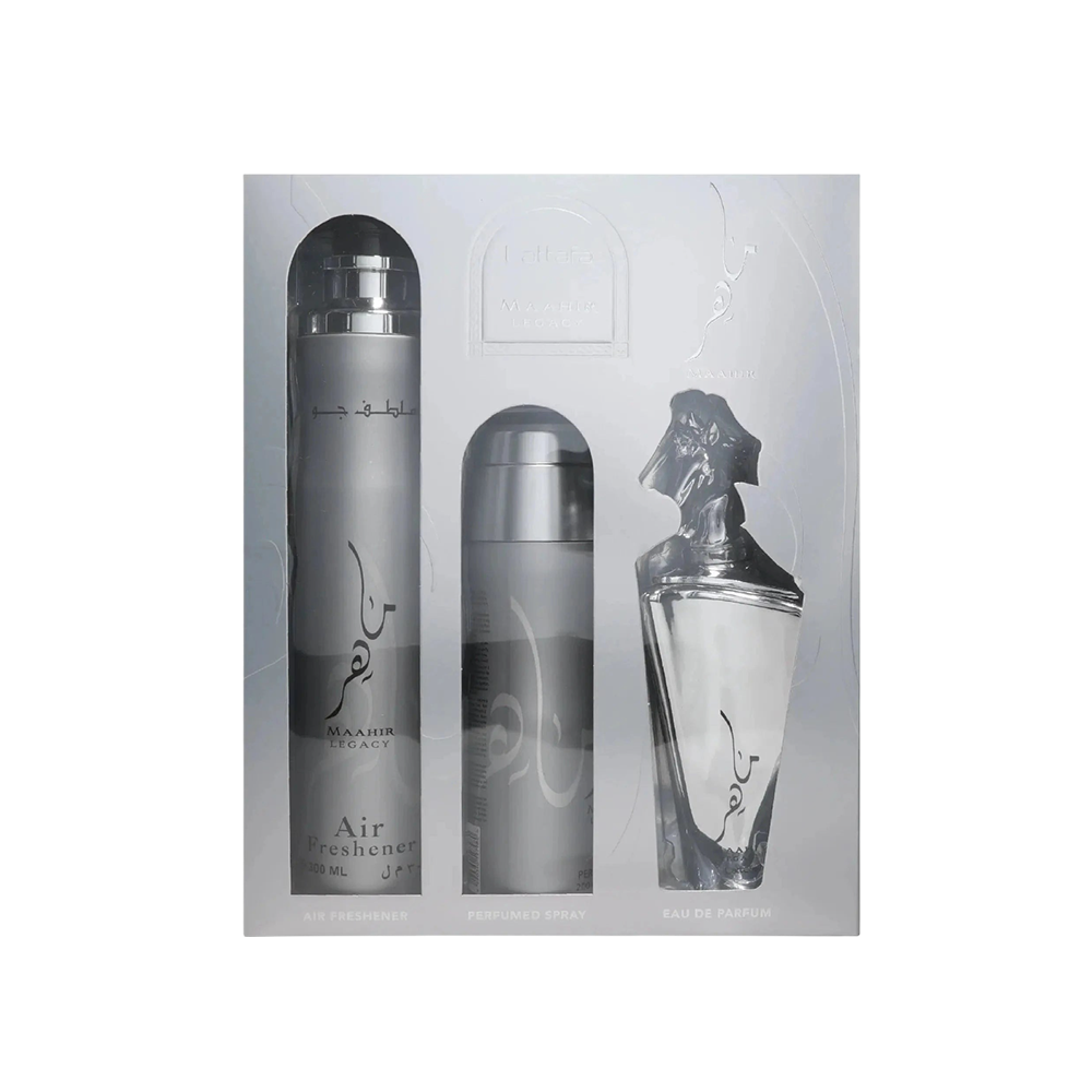 LATTAFA SET 3 PCS SET MAAHIR LEGACY MEN 3.4 OZ EDP SP + PERFUMED SP + AIR FRESHENER
