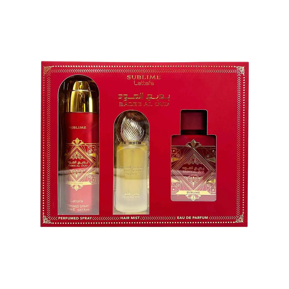 LATTAFA SET 3 PCS BADEE AL OUD SUBLIME 3.4 OZ EDP SP + PERFUMED SP + AIR FRESHENERLATTAFA SET 3 PCS BADEE AL OUD SUBLIME 3.4 OZ EDP SP + PERFUMED SP + AIR FRESHENER