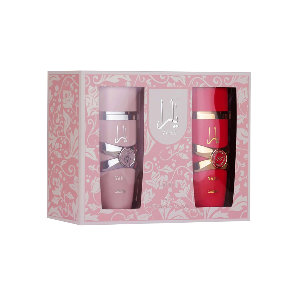 LATTAFA SET YARA 5TH ANIVERSARY GIFT SET: YARA 3.4 OZ EDP + YARA CANDY 3.4 OZ EDP.