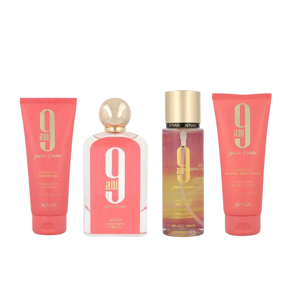 AFNAN SET 9AM WOMEN 4PCS 3.4 OZ EDP SP / SHOWER GEL / BODY MIST /BODY LOTION