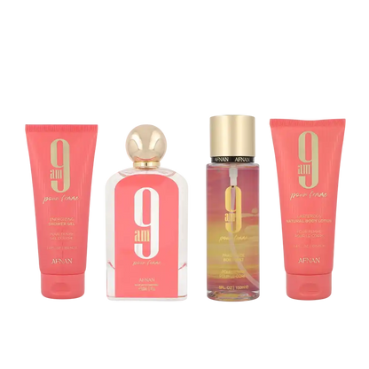 AFNAN SET 9AM MUJER 4PZAS 3.4 OZ EDP SP / GEL DE DUCHA / BRUMA CORPORAL / LOCIÓN CORPORAL