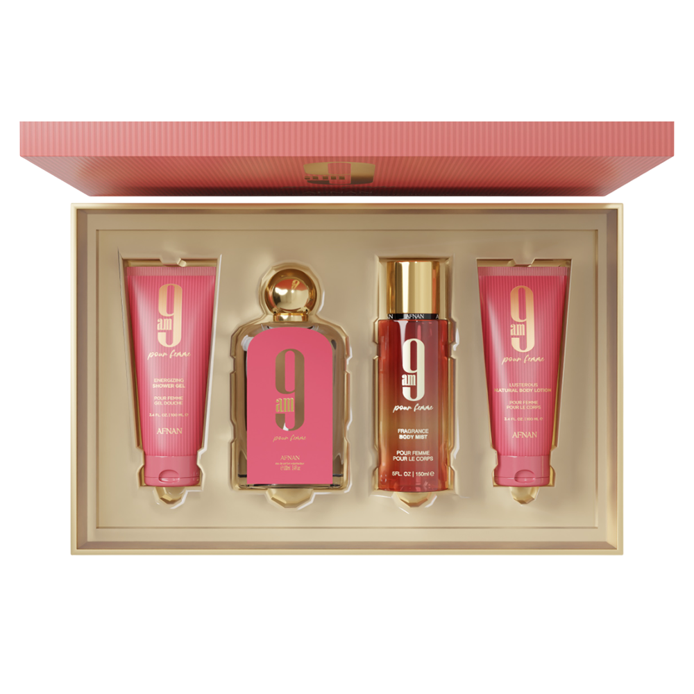 AFNAN SET 9AM WOMEN 4PCS 3.4 OZ EDP SP / SHOWER GEL / BODY MIST /BODY LOTION