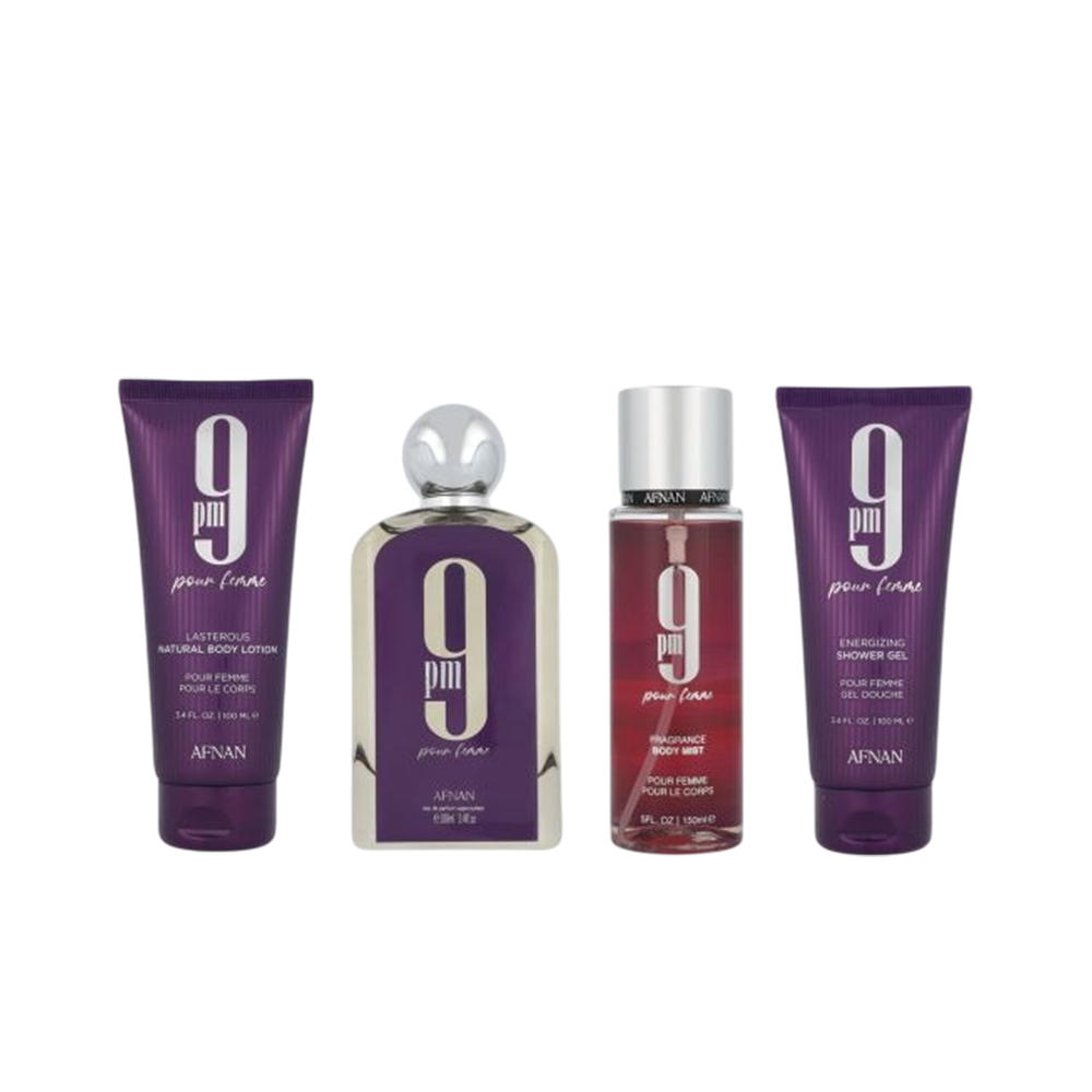 AFNAN SET 9PM WOMEN 4PCS 3.4 OZ EDP SP / SHOWER GEL / BODY MIST /BODY LOTION