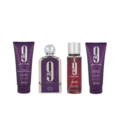 AFNAN SET 9PM MUJER 4 PIEZAS 3.4 OZ EDP SP / GEL DE DUCHA / BRUMA CORPORAL / LOCIÓN CORPORAL