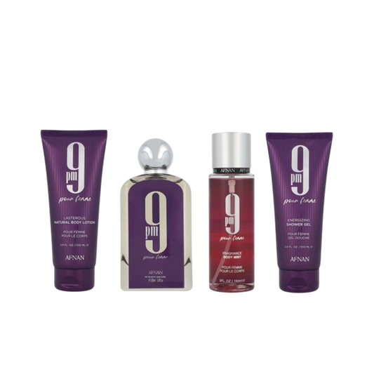 AFNAN SET 9PM WOMEN 4PCS 3.4 OZ EDP SP / SHOWER GEL / BODY MIST /BODY LOTION