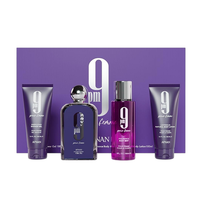AFNAN SET 9PM MUJER 4 PIEZAS 3.4 OZ EDP SP / GEL DE DUCHA / BRUMA CORPORAL / LOCIÓN CORPORAL