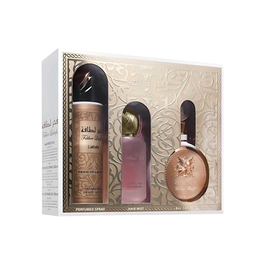LATTAFA SET FAKHAR WOMEN 3PCS 3.4 OZ EDP / 6.8 OZ DEO / 1.7 OZ HAIRMIST