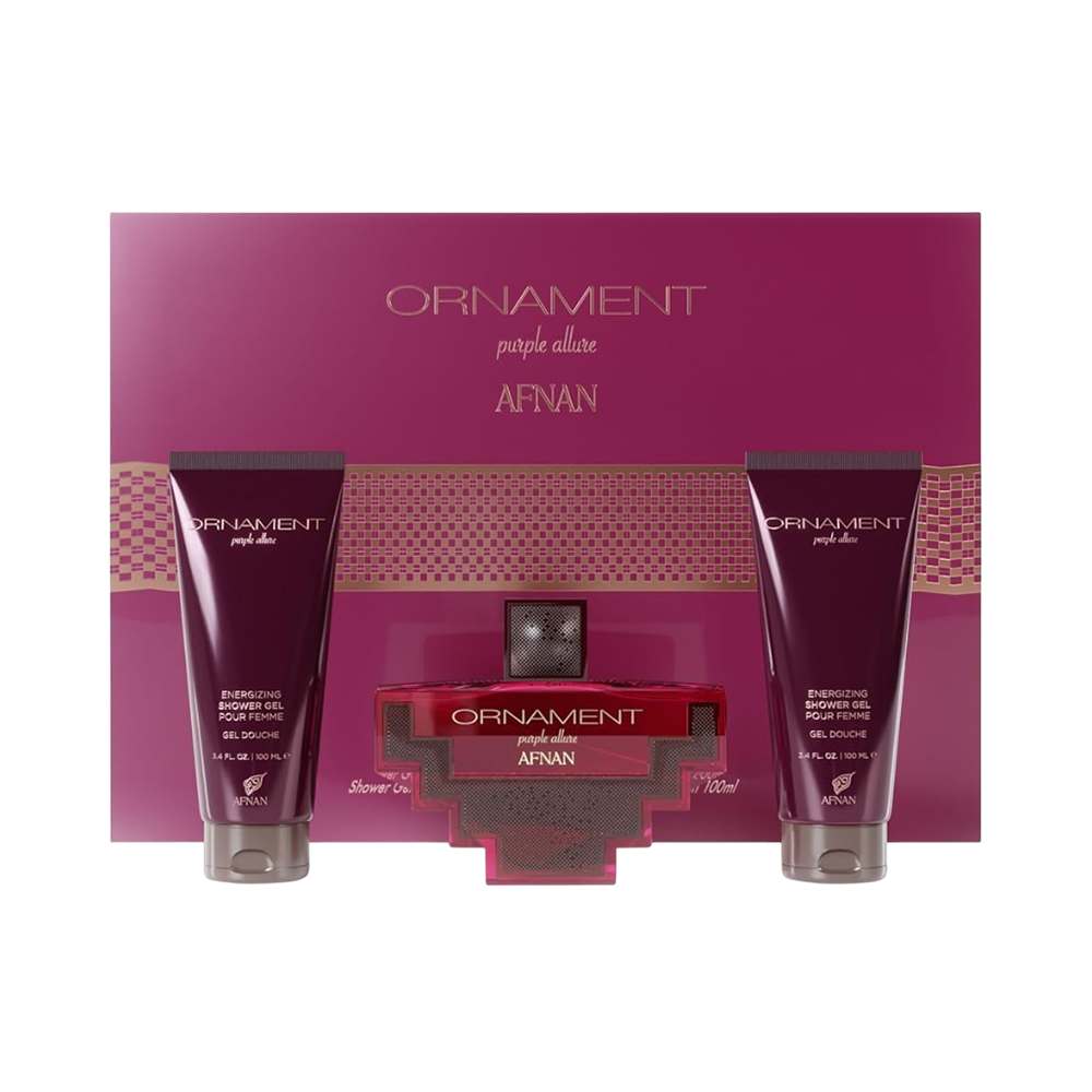 AFNAN SET ORNAMENT PURPLE ALLURE WOMEN 3PCS 3.4 EDP + 3.4BL + 3.4 SET GEL