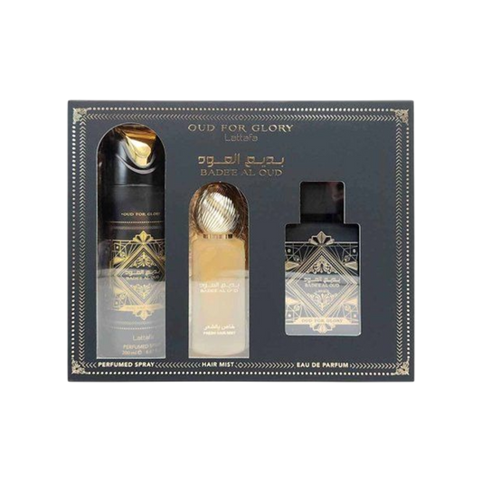 LATTAFA SET BADEE AL OUD FOR GLORY 3PCS 3.4 OZ EDP SP / 6.7 OZ DEO / 1.7 OZ HAIRMIST