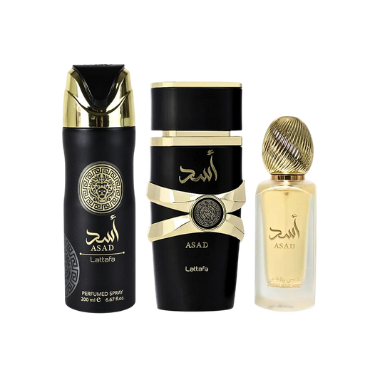 LATTAFA SET ASAD PERFUME 3.4OZ EDP + HAIR MIST + PERFUMED SPRAY