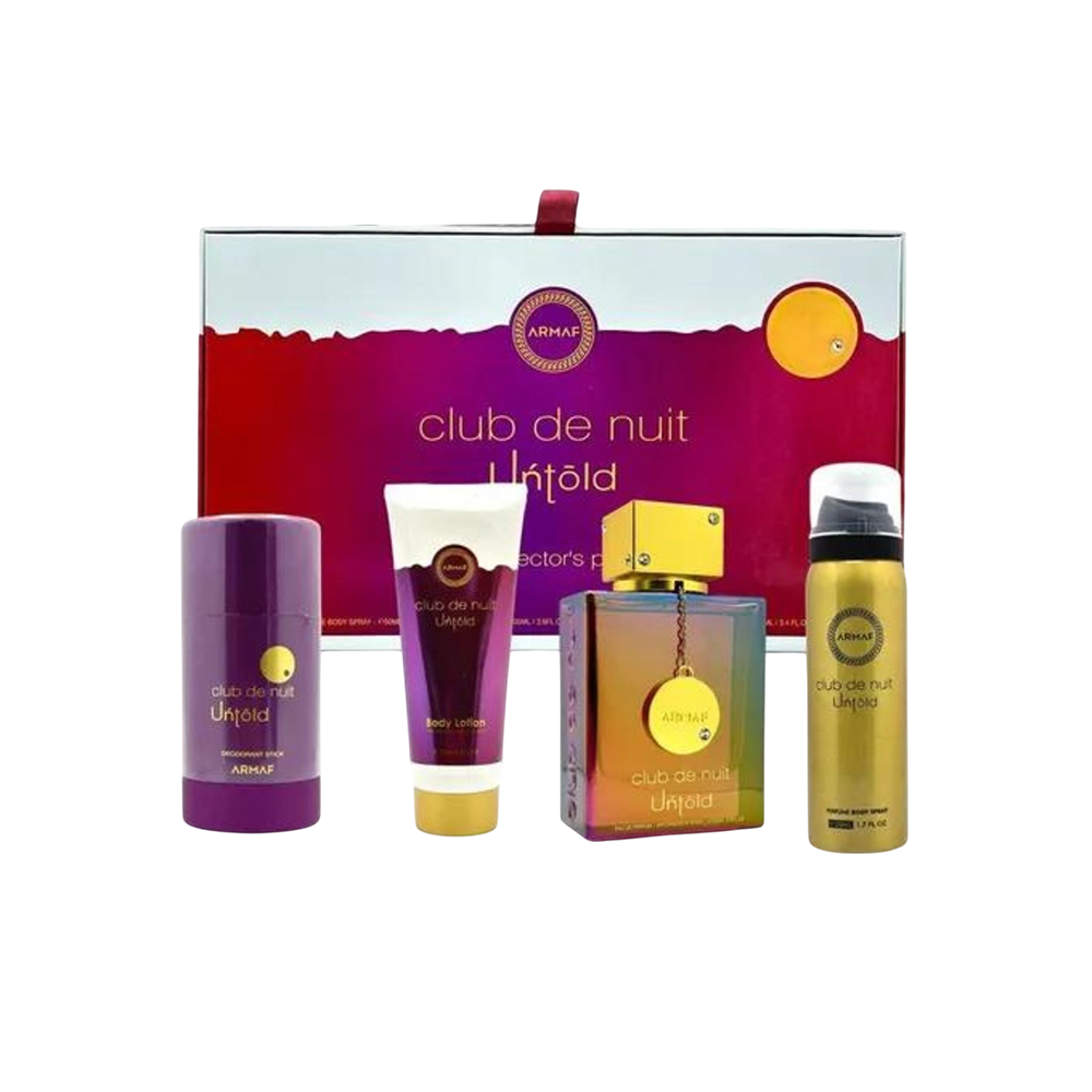ARMAF SET CLUB DE NUIT UNTOLD 4 PCS 3.4 EDP/1.7 OZ BODY SPRAY/2.5 DEO STICK /100ML SHOWER GEL