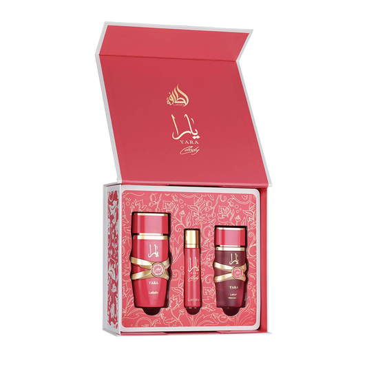 LATTAFA YARA CANDY ESTUCHE DE REGALO DE 3 PIEZAS CON EDP DE 100 ML + SP DE VIAJE DE 12 ML + HM DE 50 ML