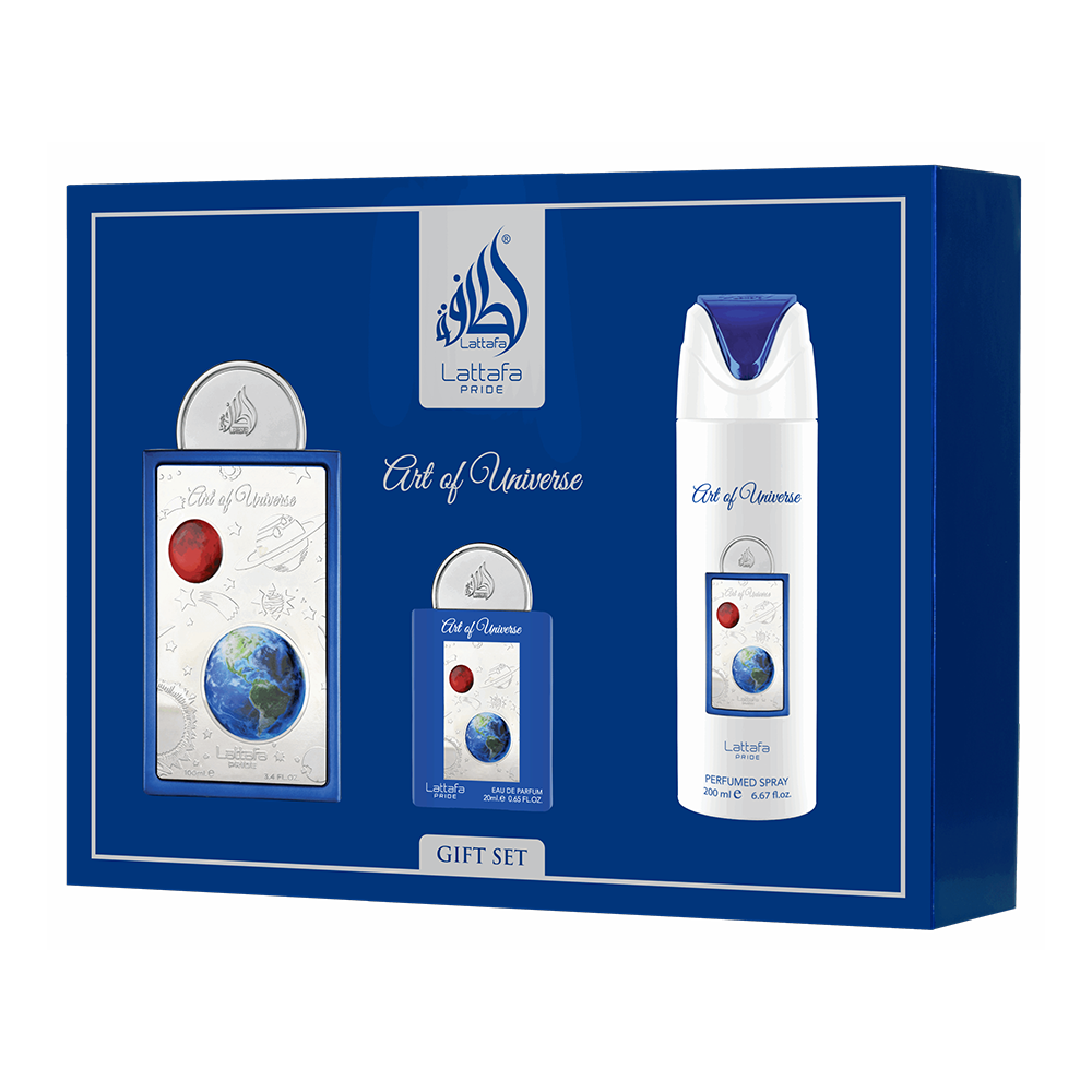 LATTAFA SET 3 PCS ART OF UNIVERSE 3.4OZ EDP SP+0.67 EDP + 6.7 DEO