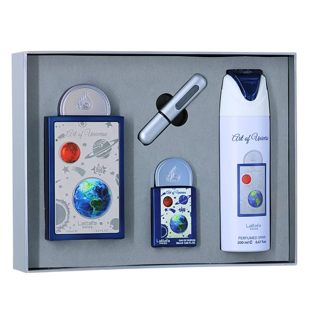 LATTAFA SET 3 PCS ART OF UNIVERSE 3.4OZ EDP SP+0.67 EDP + 6.7 DEO