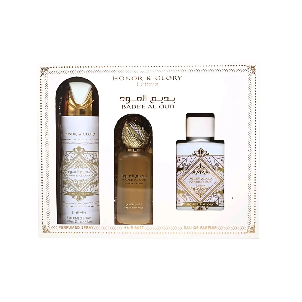 LATTAFA SET BADEE AL OUD HONOR AND GLORY 3 PCS SET 3.4 OZ EDP + DEO SP +AIR FRESHENER