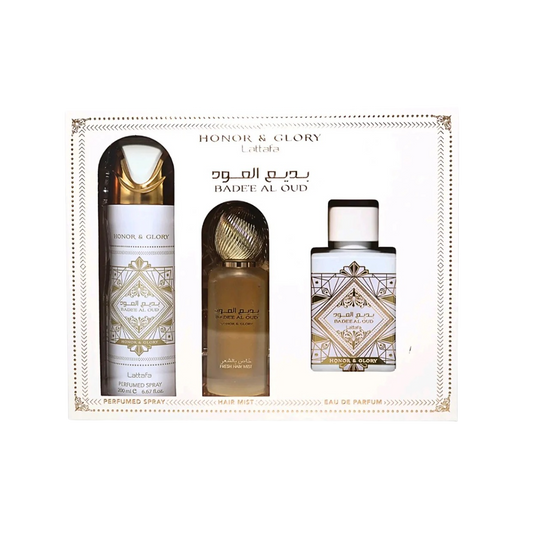 LATTAFA SET BADEE AL OUD HONOR AND GLORY 3 PCS SET 3.4 OZ EDP + DEO SP +AIR FRESHENER