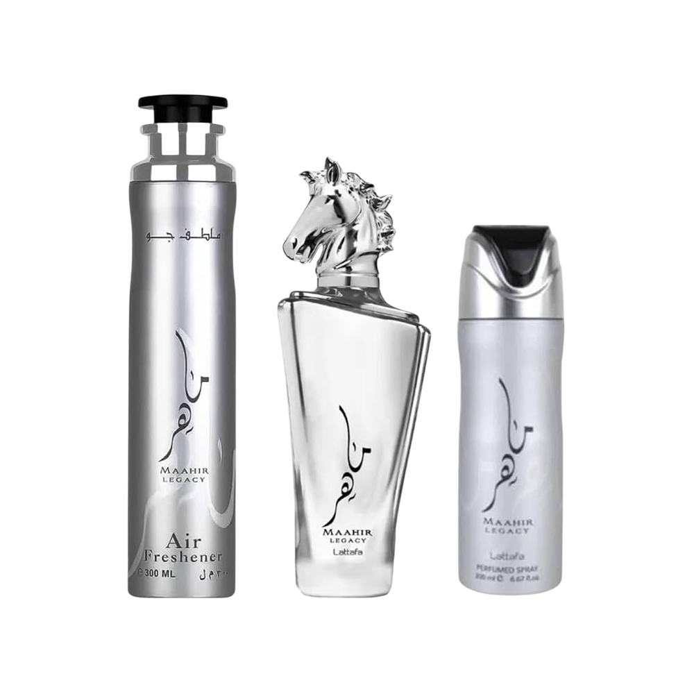 LATTAFA SET 3 PCS SET MAAHIR LEGACY MEN 3.4 OZ EDP SP + PERFUMED SP + AIR FRESHENER