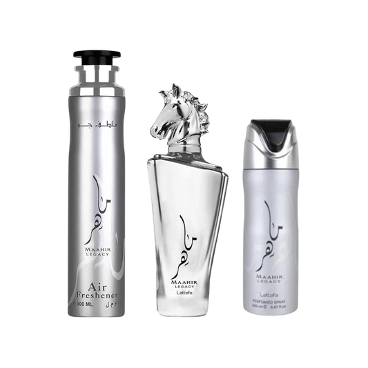 LATTAFA SET 3 PCS SET MAAHIR LEGACY MEN 3.4 OZ EDP SP + PERFUMED SP + AIR FRESHENER