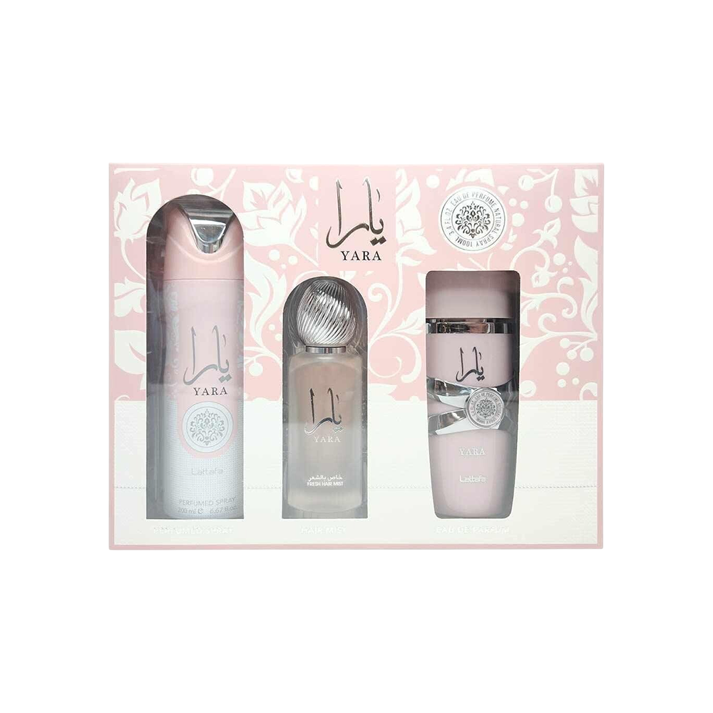 LATTAFA SET YARA WOMEN 3 PCS 3.4 OZ EDP SP + AIR FRESH + PERFUMED SPRAY