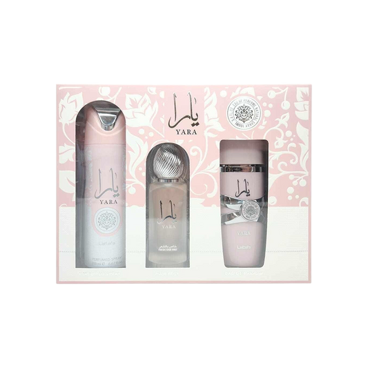 LATTAFA SET YARA WOMEN 3 PCS 3.4 OZ EDP SP + AIR FRESH + PERFUMED SPRAY